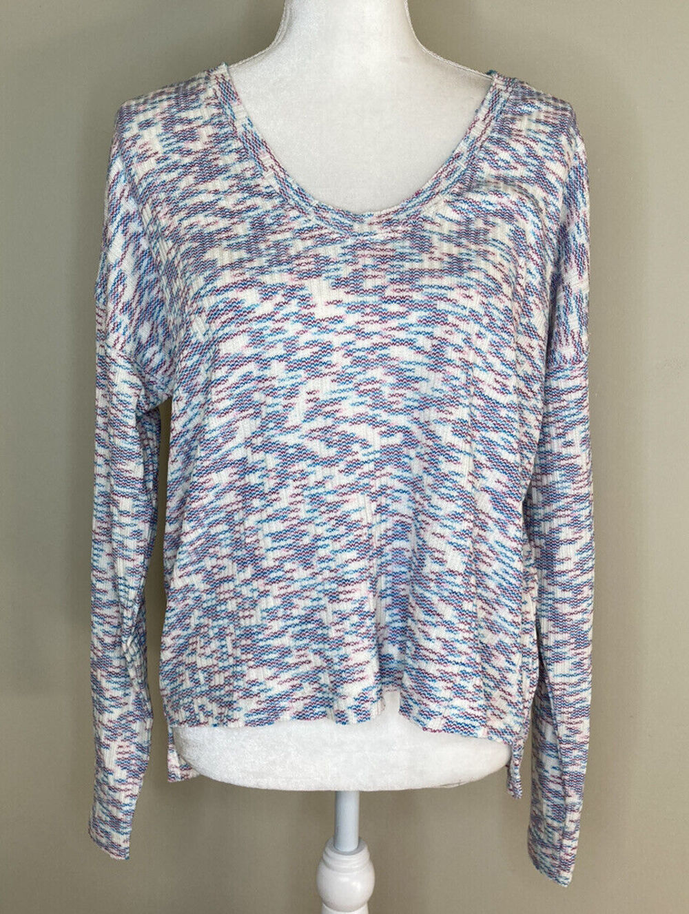 Code x Mode Boho Pullover Sweater Long Sleeve V-Neck Color Blocked Blue Size XS